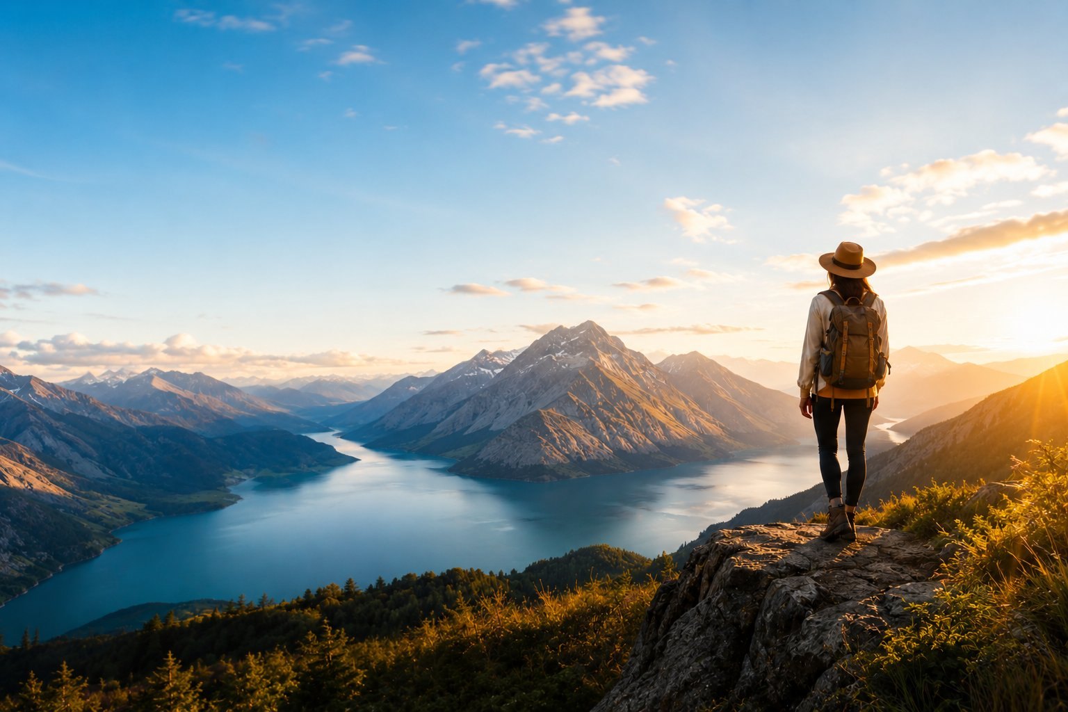 Traveler overlooking mountains and a lake at sunset